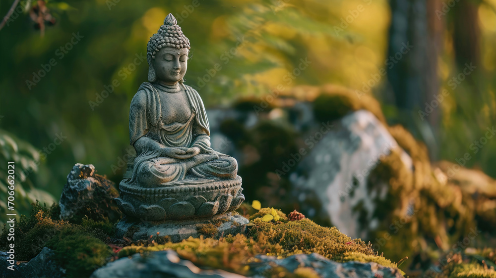 Buddha statue in the garden with moss and tree background.