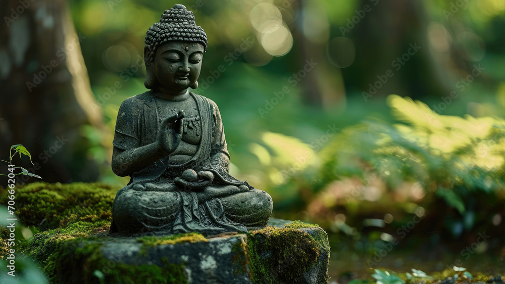 Buddha statue in the forest, closeup of photo.
