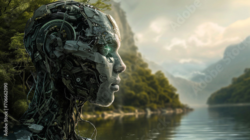 Cyborg with his half mechanical, Half human face contemplating nature, AI Generated © Shining Pro