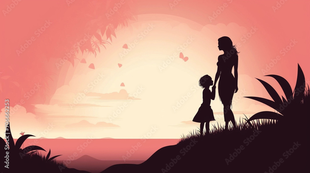 copy space, vector happy mother’s day event poster with mother and child silhouette. Beautiful mother’s day mockup, design for greeting card or invitation. Mother with child silhouette. soft colors.