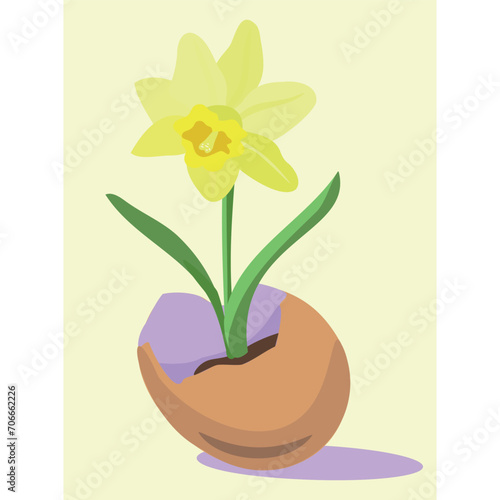 Vector illustration of a narcissus; growing in an eggshell. Pastel colors; lilac; pink; beige. Easter. For postcards; invitations; children's magazines.