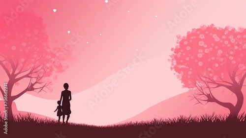 copy space  vector happy mother   s day event poster with mother and child silhouette. Beautiful mother   s day mockup  design for greeting card or invitation. Mother with child silhouette. soft colors.