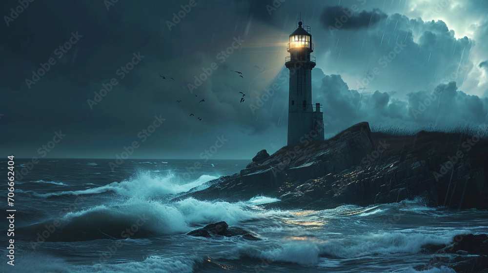 Lonely lighthouse guiding ships on stormy night, AI Generated