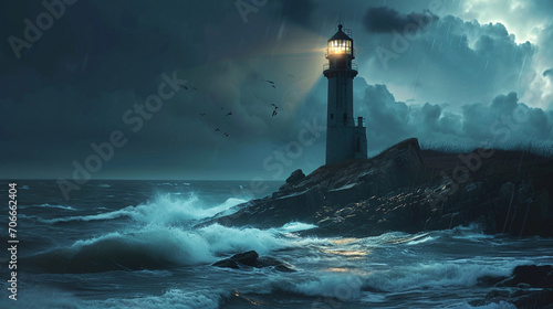 Lonely lighthouse guiding ships on stormy night, AI Generated