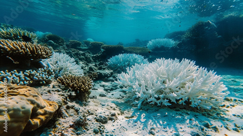 Patch of bleached coral reef due to climate change, AI Generated