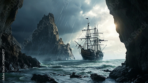Pirate ship sailing towards treasure island amidst dangerous storm, AI Generated photo