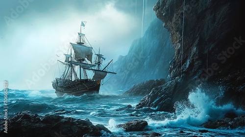 Pirate ship sailing towards treasure island amidst dangerous storm, AI Generated