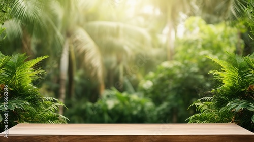 empty top table pine wood podium texture in tropical outdoor garden green plant blur background with copy space.organic healthy natural product present promotion display,nature design. Generative Ai photo