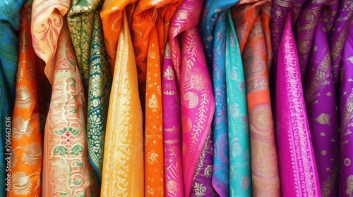 Assorted Colorful Traditional Sari Fabrics Hanging on Display photo