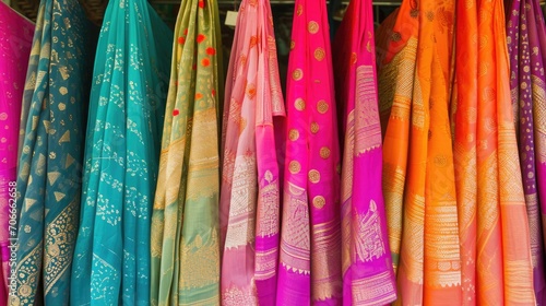 Colorful Collection of Sari Fabrics with Gold Embellishments