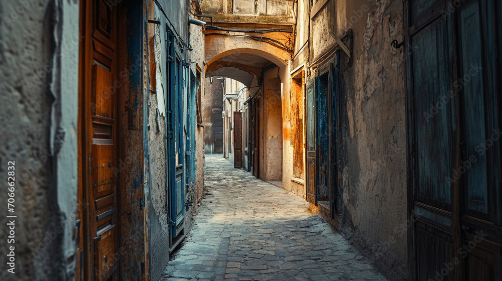 Alley filled with mysterious doors leading to different dimensions, AI Generated