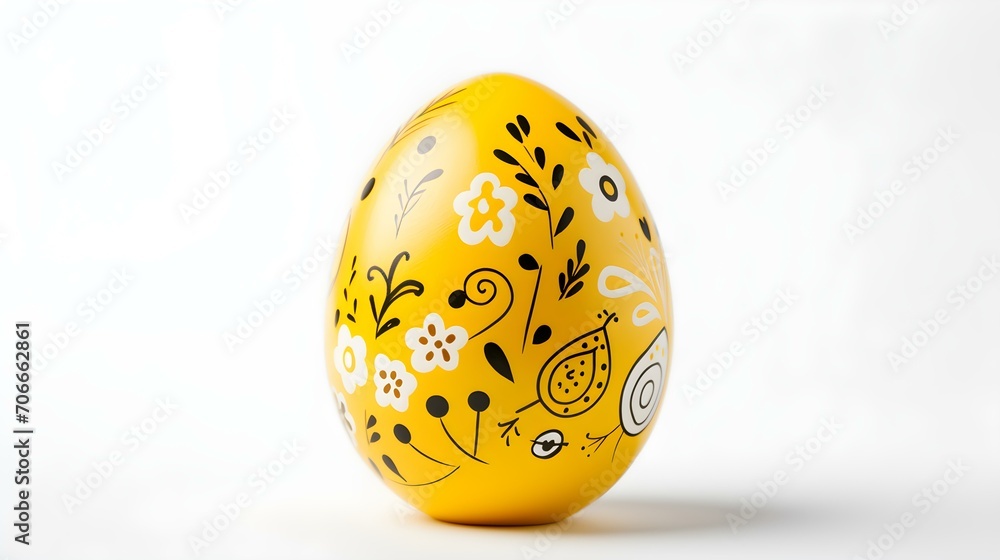 Hand Painted Easter Egg in light yellow Colors on a white Background. Elegant Easter Template with Copy Space