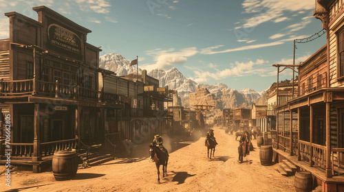 Wild west town with cowboys dueling in dusty street, AI Generated photo