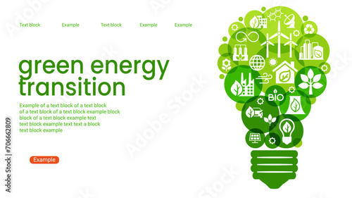 Alternative clean energy. Transition to environmentally friendly world concept.  Ecology infographic. Green power production. Transition to renewable alternative energy.