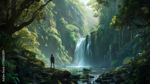 Adventurer discovering enchanted waterfall hidden within jungle, AI Generated photo