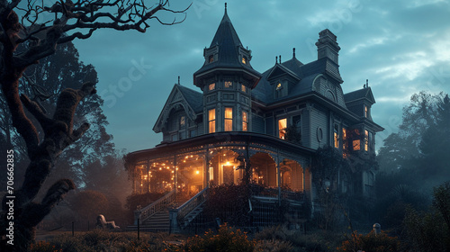 Antique Victorian house at twilight with lively ghost parties inside, AI Generated