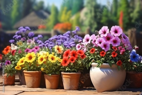 Beautiful colorful variety of spring and summer flowers in pots on the patio