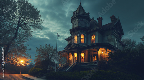 Antique Victorian house at twilight with lively ghost parties inside, AI Generated © Shining Pro