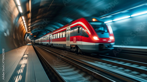 Electric train speeding through tunnel showcasing sustainable transportation, AI Generated