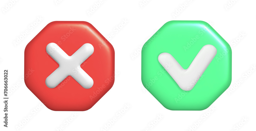 Fototapeta premium 3d rendering of green check and red cross. Vector illustration of right and wrong button.