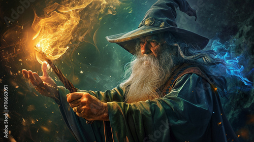 Old wizard casting colorful spell from his wand, AI Generated photo