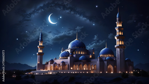 Blue color mosque at night Ai Generated photo
