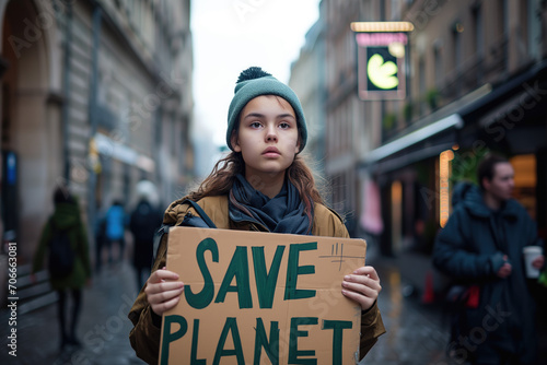 Teenager holding a sign that says "save the planet" © thejokercze