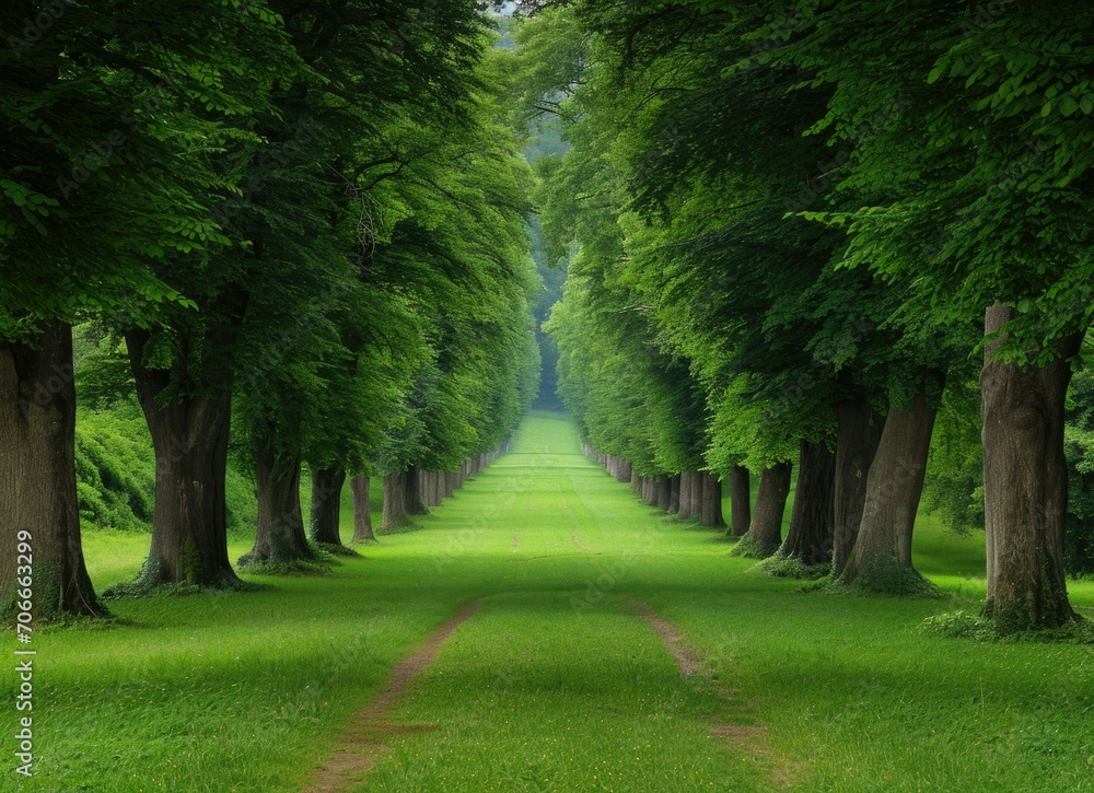 Symmetrical Tree Alley in Sunlit Summer Park Symmetrical Tree Alley in Sunlit Summer Park