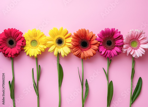 Colorful Gerbera Daisies Lined Up on Pink Background