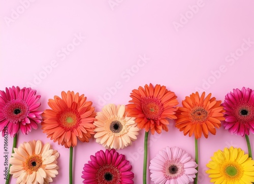 Row of Colorful Gerbera Daisies with Pastel Pink Backdrop