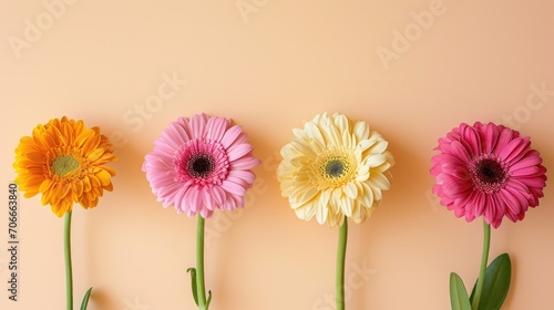 Four Vibrant Gerbera Daisies Lined Up on Peach Background