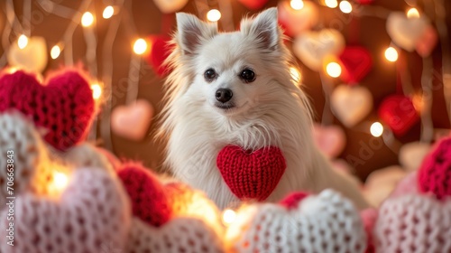 A Fluffy white dog surrounded by knitted red and pink hearts decorations. Valentine’s day. Dag day concept. photo