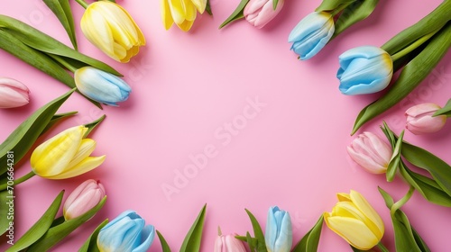 Circle of Colorful Tulips on Pink Background with Copy Space