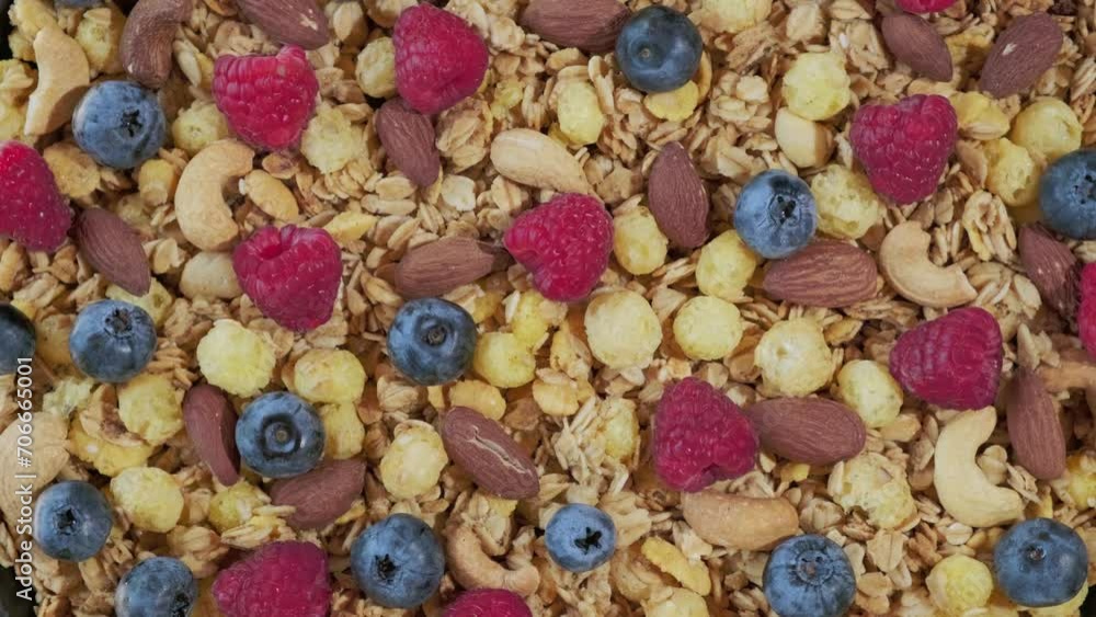 Instant Oatmeal with wild berry, Whole Grain. Bio organic dairy free. High in fibre. Granola food background rotation Instant Oatmeal with wild berry, Whole Grain. Bio organic dairy free. High in fibre. Granola food background rotation