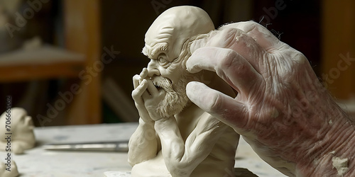 Uma fotografia macro das mãos de um artista esculpindo meticulosamente uma obra-prima de argila em miniatura, mostrando precisão e habilidade artesanal