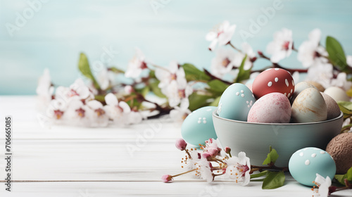 Easter eggs and flowers on blue wooden background 