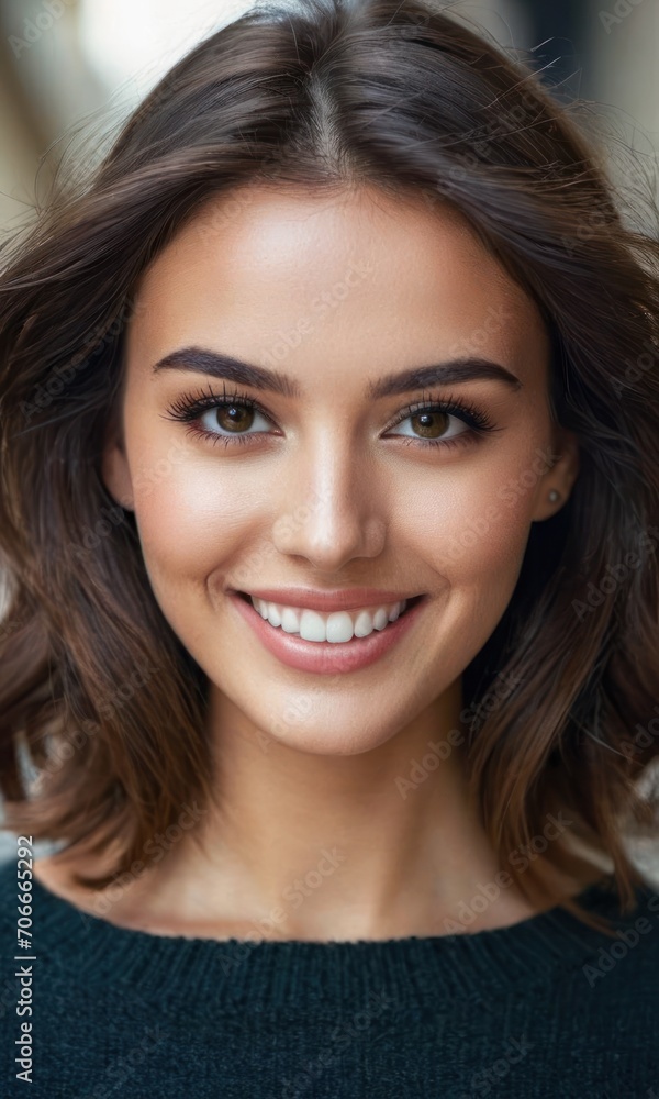a close up of a person wearing a green sweater and smiling at the camera with a white smile on her face. a close up of a person wearing a green sweater and smiling at the camera with a white smile on her face.