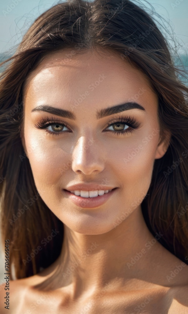a close up of a woman's face with long brown hair and blue eyeshadow and brown eyeshadow. a close up of a woman's face with long brown hair and blue eyeshadow and brown eyeshadow.