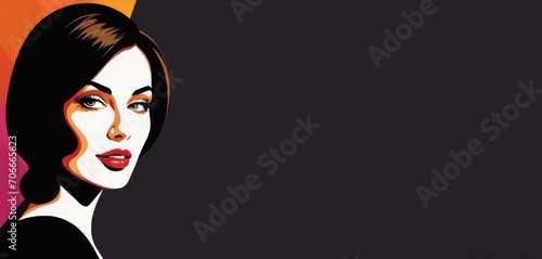  a close up of a person with a black dress and red lipstick on a black background with an orange and pink background.