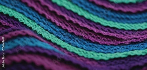  a close up of a crocheted blanket that is multicolored and has wavy strips of yarn on it. © Jevjenijs