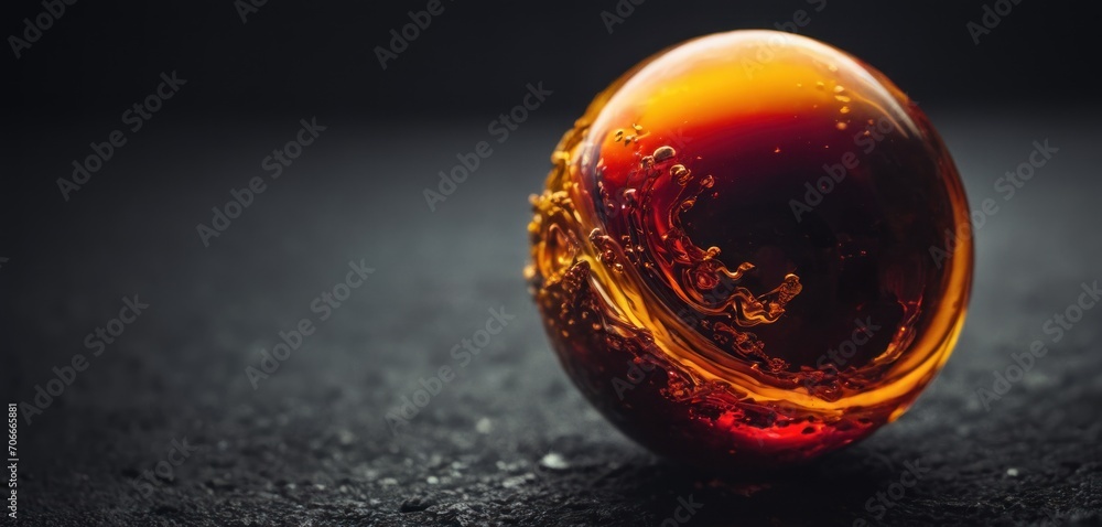 a close up of a glass ball on a black surface with drops of water on the inside of the glass. a close up of a glass ball on a black surface with drops of water on the inside of the glass.