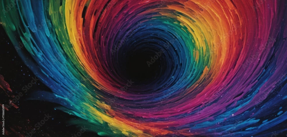  a close up of a multicolored swirl in the center of a black hole with stars in the background.