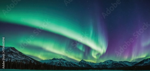  a green and purple aurora bore in the sky above a snow covered mountain range with snow on the ground and trees in the foreground. photo