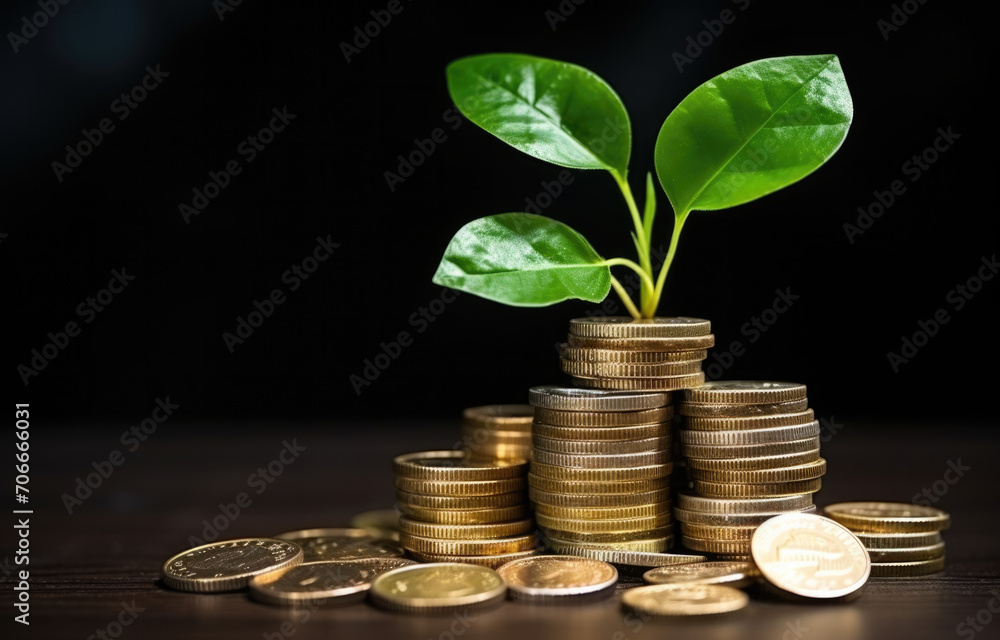 Stacks of coins on a black background with a green sprout in the middle, financial growth Stacks of coins on a black background with a green sprout in the middle, financial growth