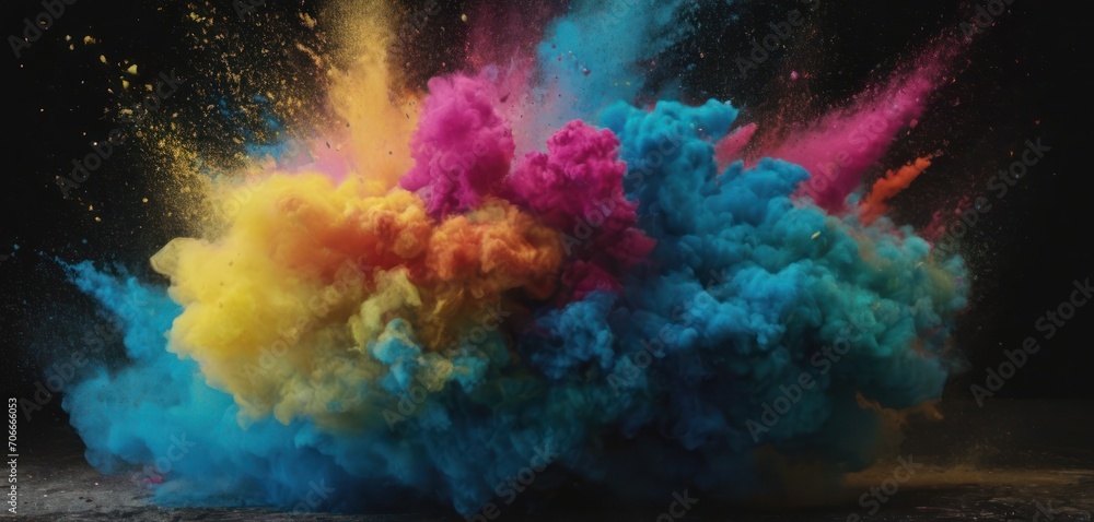  a multicolored cloud of smoke on a black background in the middle of the image is a large amount of blue, pink, yellow, green, and orange.
