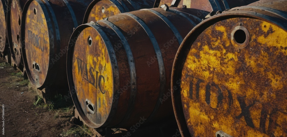a row of rusty barrels sitting on top of a grass covered field next to a field of tall grass covered trees. a row of rusty barrels sitting on top of a grass covered field next to a field of tall grass covered trees.