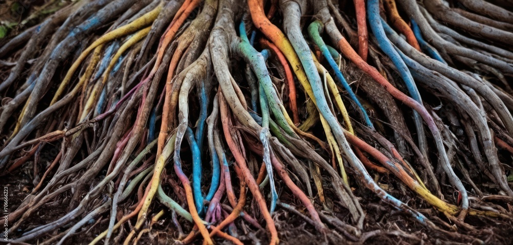  a close up of a pile of branches with multicolored branches sticking out of the top of the branches.