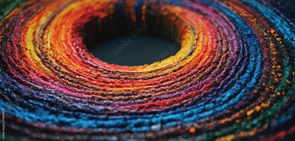  a close up of a multicolored crochet rug with a circular hole in the middle of the rug.