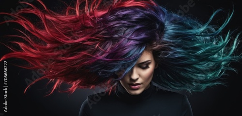  a woman with colorful hair and a black shirt with red, green, and blue streaks on her head and her hair blowing in the wind.