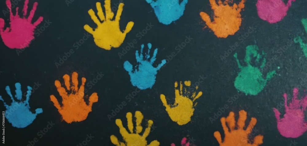  a group of multicolored hand prints on a black background with multicolored hand prints on a black background.